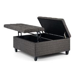 36 Inch Wide Square Coffee Table Lift Top Storage Ottoman in Upholstered Ebony Tufted Tweed Fabric, For the Living Room