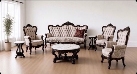 Victorian Carved Wood Living Room Furniture Set