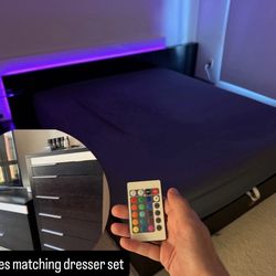 Modern California King Black Storage Bed Frame with LED Lights + Matching Dresser & Tall Chest