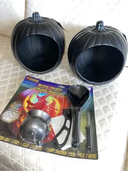 2 Black Diorama Halloween 9" Pumpkin PLUS Carving Kit Cauldron Light ALL NWT