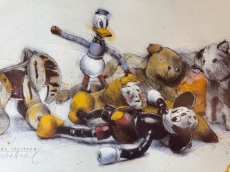 Lot of 2 Mickey Mouse Posters by Lasse Aberg 33x24 Disney Art Prints: 1)  "Inger's Toys"; 2) "Sailing"