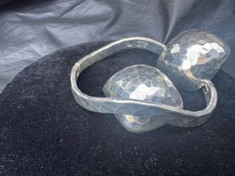 V Sterling Silver Taxco Mexico Hammered Cuff Bracelet + Clip Earrings — 925 ATI