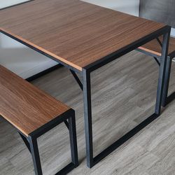 IMUsee 3PC 47.2" Dining Table Set for 4 with Benches, Heavy Duty Metal Frame, Small Space Saving Kitchen Dinette, Wood Board and Black Legs