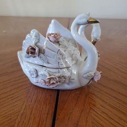 Vintage Chase Japan Porcelain Swans Trinket Jewelry Box