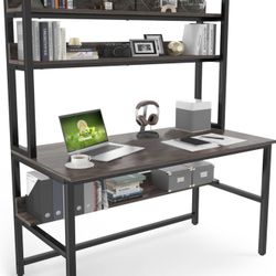 Desk with Hutch Bookshelves, Computer Desk with 3 Tiers Storage Shelves, Space Saving Design Black Metal Legs Desk with Grey Board, Easy Assemb
