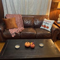 True Leather Sofa Set. Love Seat Has Next To No Wear. Main Sofa Does Have .inor Wear. 