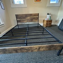 Queen Bed Frame Rustic Wood and Metal + 12in Hybrid Mattress