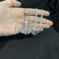 925 Sterling Silver Men Women Big Jesus God Crucifix Anchor Curb Chain