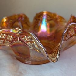 Imperial Glass Marigold Carnival Glass Ruffled  Diamond Cut Dish Bowl 