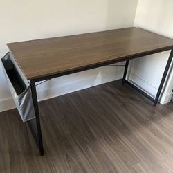 55” Wood Desk with Iron Base and Fabric Storage