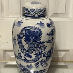 Blue and white ginger jar with dragon design