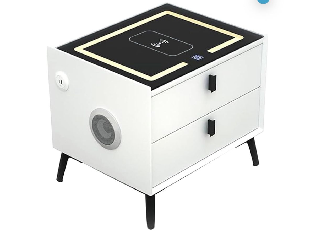 Smart Nightstands with Wireless Charging Station, USB Port, Nightstand with 3 Color LED Lights and Speaker, Modern Wooden End Side Table for Bedroom,