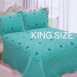 King Size Embroidery Quilt Set Brand New 3 Pcs With Matching Pillow Shams 
