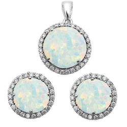 925 Sterling Silver White Opal & White Topaz Oval Halo Necklace Earrings Set