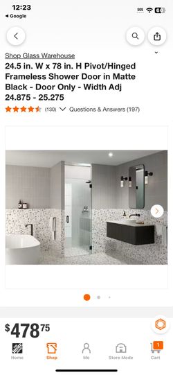 Glass Warehouse 24.5 in. W x 78 in. H Pivot/Hinged Frameless Shower Door in Matte Black - Door Only - Width Adj 24.875 - 25.275