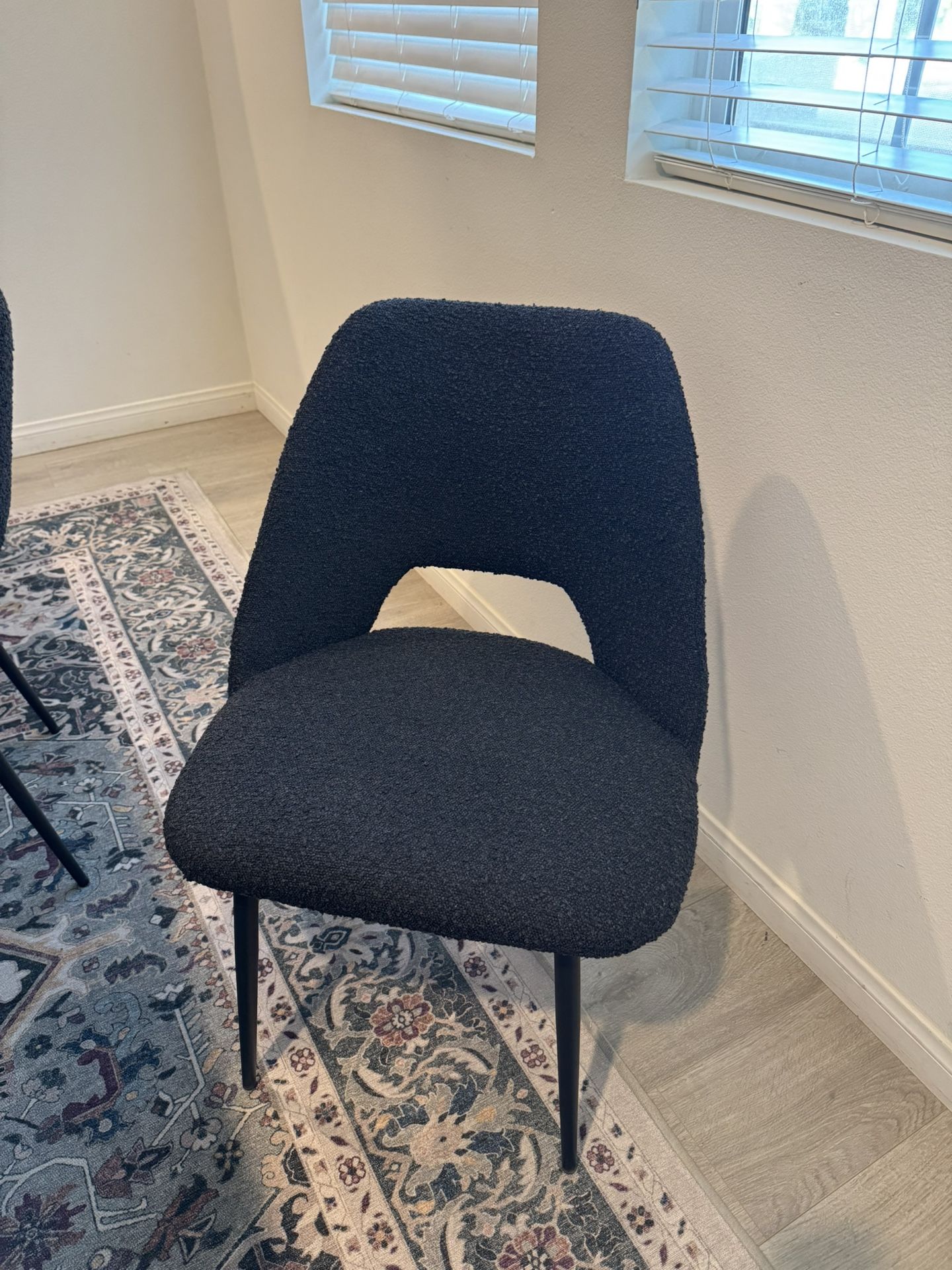 Black boucle fabric upholstered dining chairs. Set Of 4