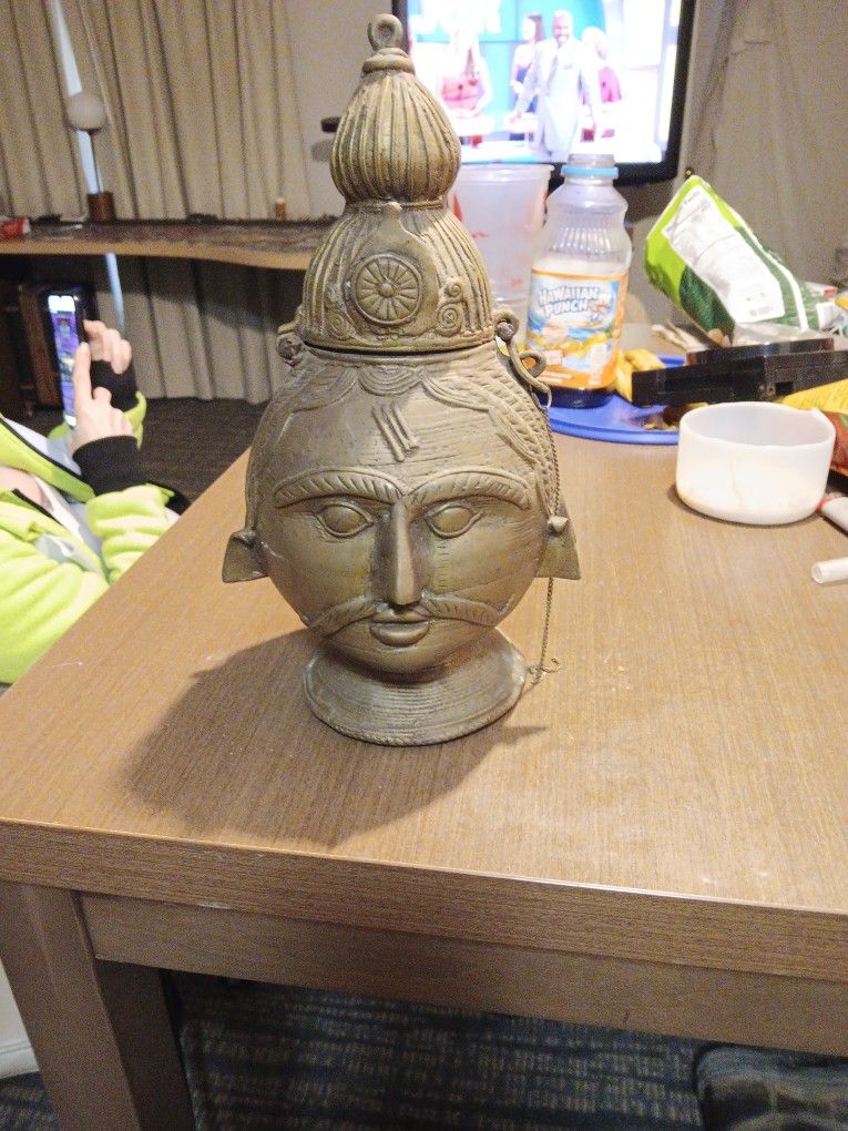 Hand Made Hindu Brass Face Of A Hindu God