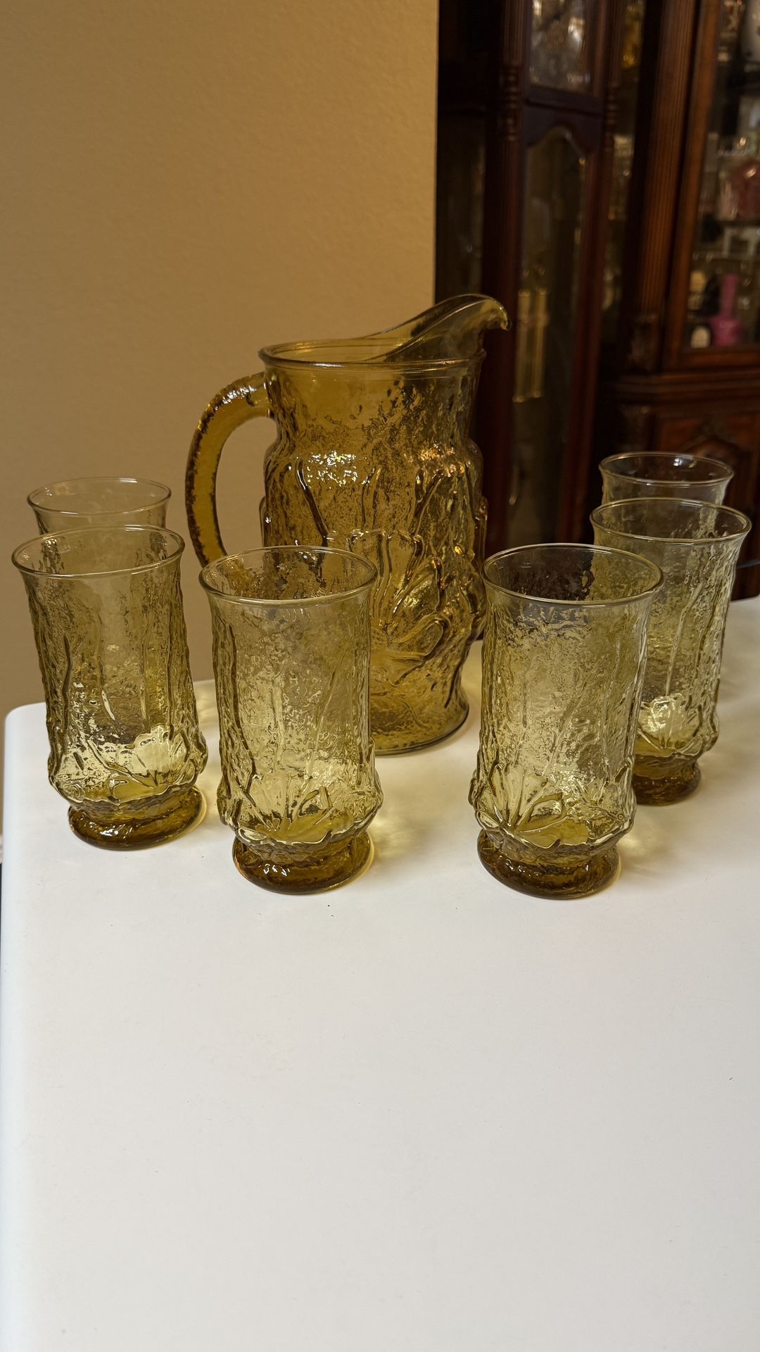 Vintage Anchor Hocking Rainflower amber Water Tea pitcher and 6 glass 14oz cups