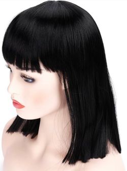 Black 14” Shoulder Length Straight Wig With Bangs Halloween Cosplay Anime NWOT