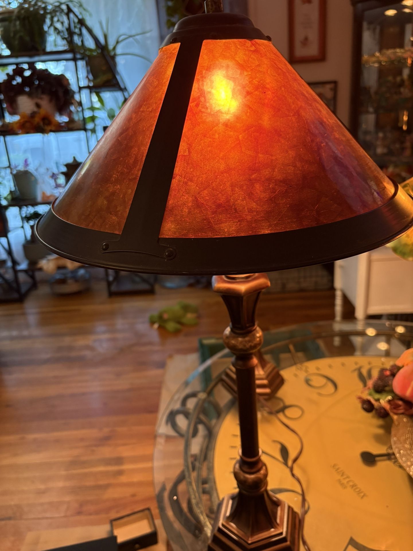 Pair Of Vintage Arts And Crafts Mission Style With Amber Mica Shade