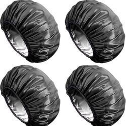  Shower Cap, Extra Large Shower Cap for Men, Satin EVA Double Layer Waterproof Reusable Hair Cap for Women Long Hair(All Black 4 Pack)
