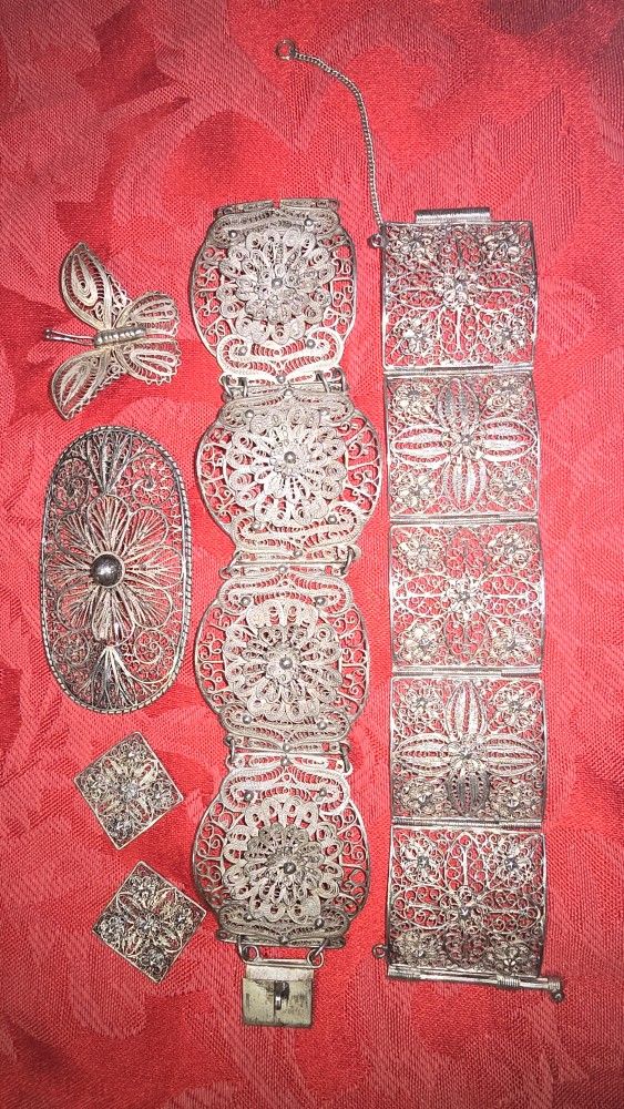 VINTAGE STERLING SILVER FILIGREE LARGE BRACKETS/PENDANT/BUTTERFLY PIN/2 PIECE FOR EARRINGS