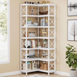  7-Shelf Corner Bookshelf,Large Modern Corner Bookcase, 7-Tier Tall Corner Shelf Storage Display Rack with Metal Frame for Living Room Home Office (Wh