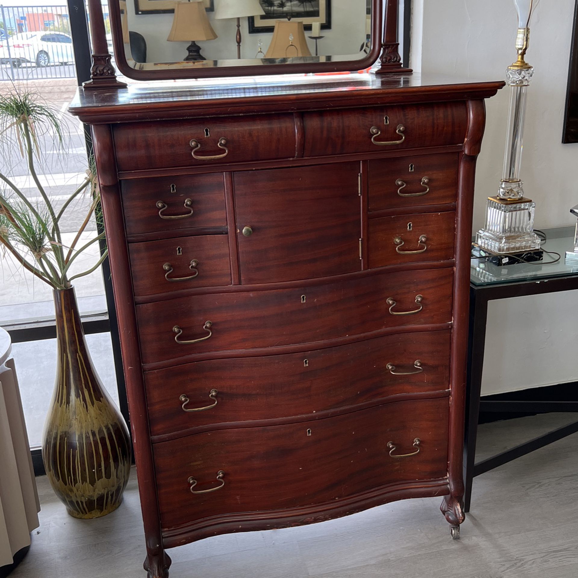 Antique Tall Chest Of Drawers With Mirror