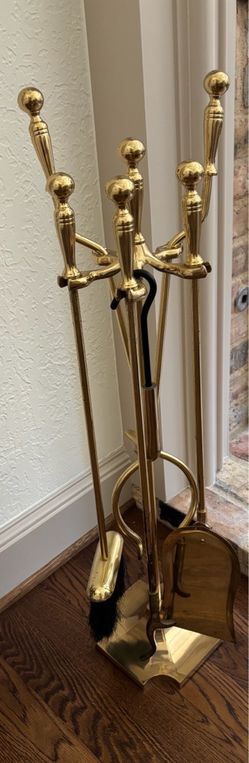 Five Piece Polished Brass Fireplace Tool Set