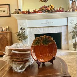 NEW! 8 Ceramic Fall Thanksgiving Pumpkin Plates Dinnerware
