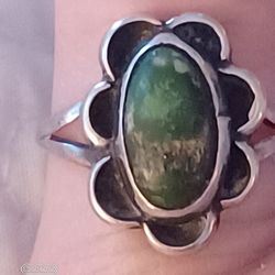 Vtg.Navajo Sterling 925- Turquoise Flower Ring- Sz5.50