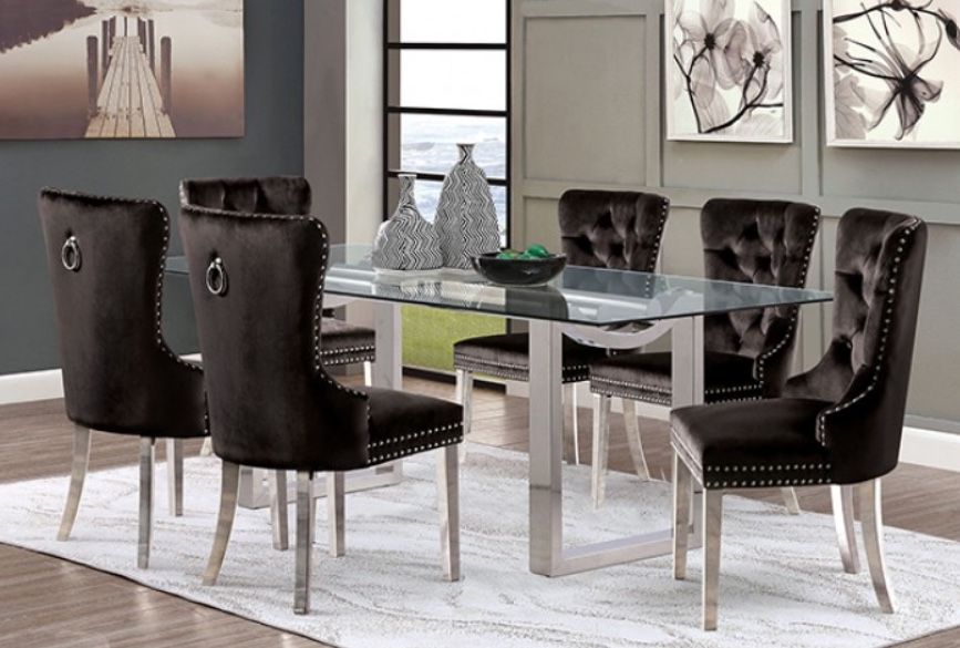 7PC Glass Dining Table Set w/ Black Velvet Chairs Or Velvet Blue