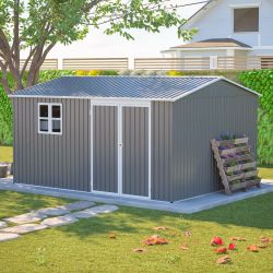 12x10 FT Outdoor Storage Shed Metal, Large Garden Tool Sheds Outdoor with Lockable Doors, Waterproof Steel Utility Storage Building, Heavy Duty Equipm