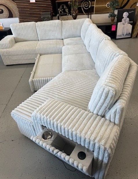 Corduroy LIGHT SILVER RHF Fabric Half U Shaped Pull Out Sectional Sofa w/ Storage Armrest w/ USB + Pillows