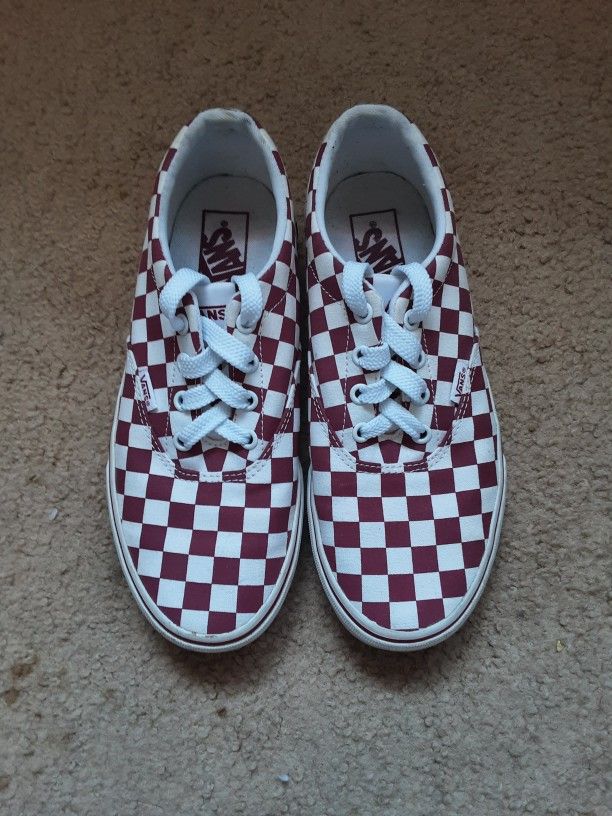 Vans Off The Wall White And Maroon Checkerboard Lace Up Canvas Sneakers Womens Size 8