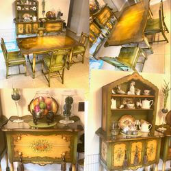 🌹 7p  Antique VIntage french COTTAGE China CABineT Table CHairs DisPLAY CuriO