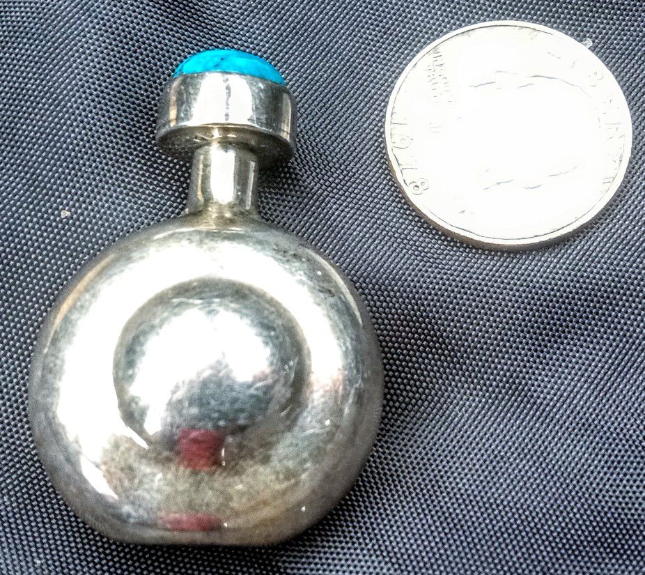 Art Deco Taxco Mexico Mexican sterling silver 925 perfume bottle w tourquoise stone knob screw cap.