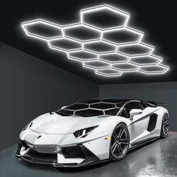 Hexagon Garage Lights, LED Honeycomb Garage Lights, 456W, 54720LM, 6500K Super Bright, 14 Grid Systems Car Detailing Lighting for Warehouse Workshop