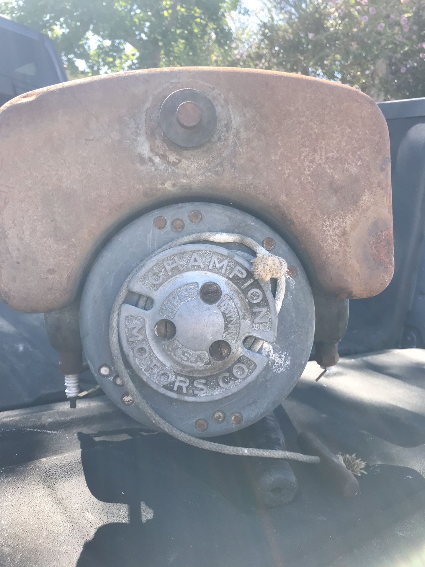 Champion outboard motor. Circa 48-51. All original. Pull cord start. Gas cap intact. Original prop. Only fresh water. Was great grandfathers for Big