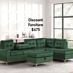 Green Velvet Sectional With Ottoman 