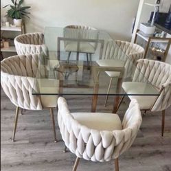 Aesthetic Glass Dining Table And 6 Woven Velvet Chairs 