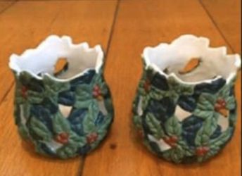 Set of 2 Christmas Votive Candle Holders Green Holly Red Berries 2 3/4" Height