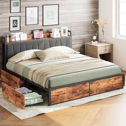 King Bed Frame with 4 Storage Drawers, Platform Bed with Charged Headboard, Sturdy and Stable, No Noise, No Box Spring Needed, Easy to Install, Vintag