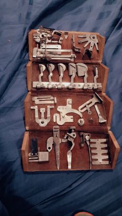 Vintage Sewing Machine. Attachments Set in Wood Box