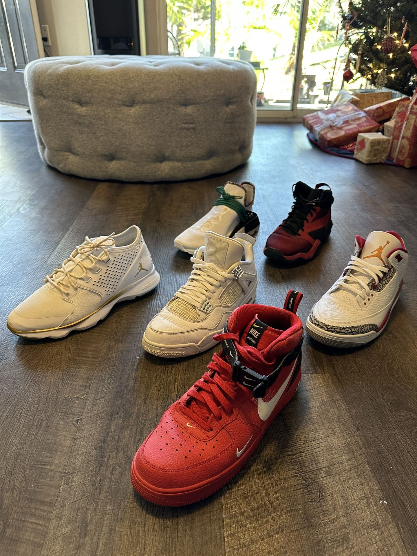 Various Jordans, One Pair Of Adidas, One Pair Of Nikes