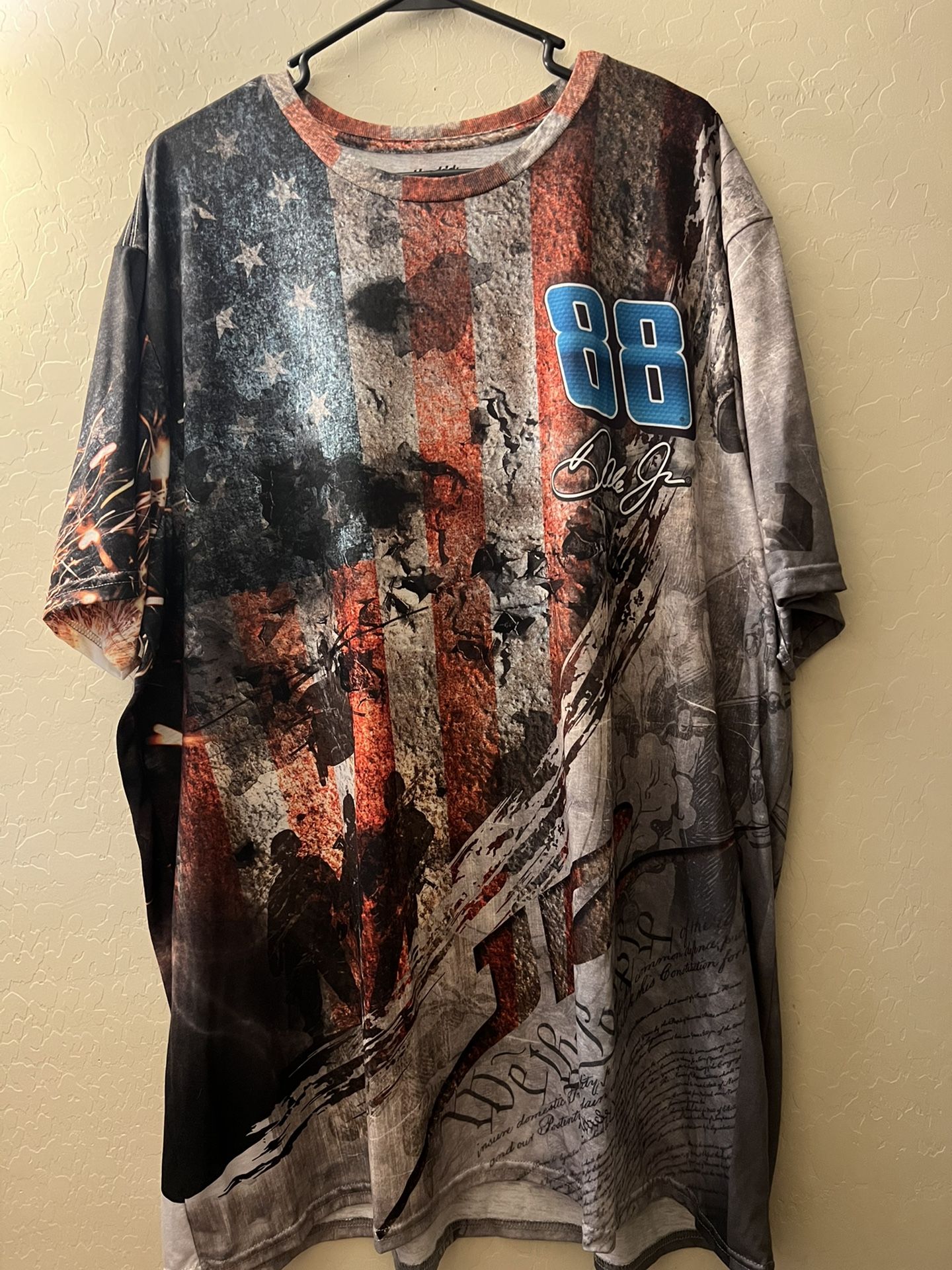 Used Dale Earnhardt Jr #88 NASCAR Patriotic Flag Dry Fit AOP Polyester Shirt sz 3XL