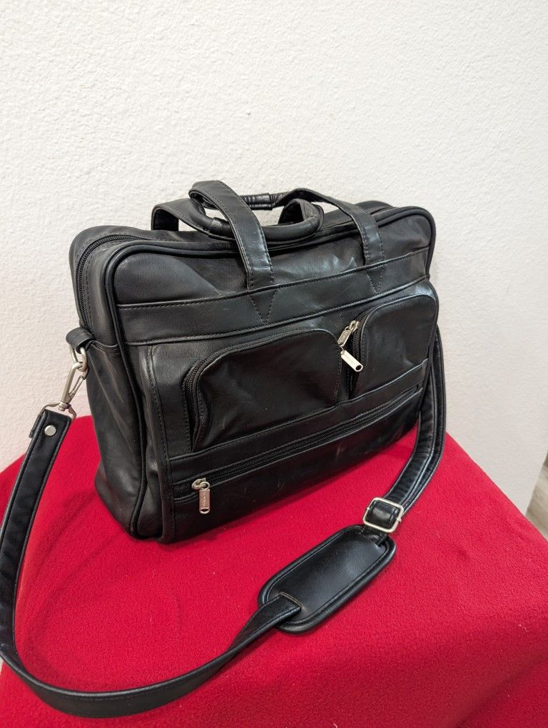 Black Leather Multi pocket Briefcase Laptop bag Messenger bag