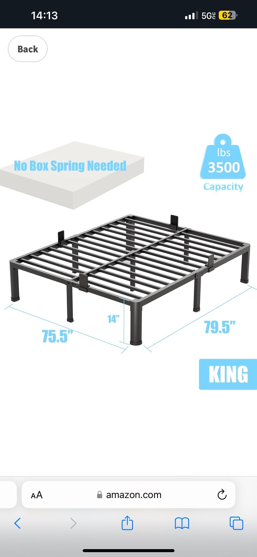 King Metal Bed Frame 14 Inch High