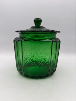 Vintage Green Glass Cookie Jar In The Mayfair "Open Rose" Pattern