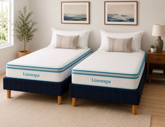 (2) Zinus Justina Upholstered Platform Beds + (2) Linenspa Mattresses – Twin XL – Excellent Condition, Rarely used!!